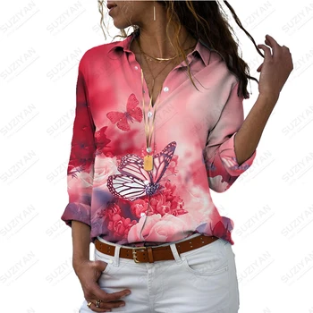Женский летний топ с длинными рукавами, рубашка с 3D принтом бабочки, повседневная модная рубашка, универсальная женская рубашка, топ для темпераментных девушек