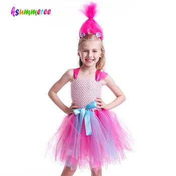 2018 Новое платье-пачка с троллем и маком для девочек, детский костюм цветов троллей на Хэллоуин с обручем на голове, детское праздничное платье принцессы с цветочным рисунком