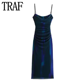 Длинное платье-комбинация из тюля с принтом TRAF, женское облегающее платье Миди с рюшами и открытой спиной, женские сексуальные вечерние платья для выпускного вечера, Элегантные вечерние платья