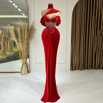 Элегантное Женское платье-русалка из велюра, Сетчатое платье для выпускного вечера в стиле пэчворк с рюшами, Красное Длинное платье Макси Vestido