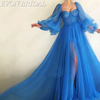 Очаровательные синие платья для выпускного вечера трапециевидной формы EVON BRIDAL, простые вечерние платья с длинными пышными рукавами и высоким разрезом, сшитые на заказ Vestidos De Gala 2024
