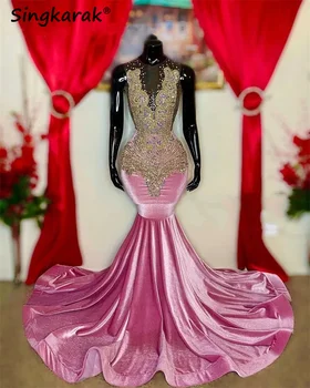 Блестящее Розовое Длинное платье для выпускного вечера 2024 Бархатные бусы Кристаллы Rhienstones Вечеринка по случаю Дня рождения Свадебный прием Вечерние платья Vestidos
