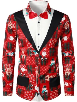 2023 Осенне-зимняя Рождественская рубашка С длинным рукавом, костюм с лацканами и пуговицами, хип-хоп Забавная Модная вечеринка на открытом воздухе, Мужской Рождественский топ