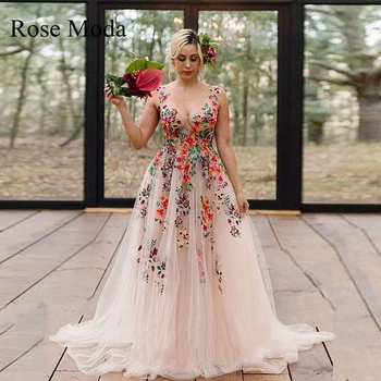 Красочные кружевные свадебные платья Rose Moda с V-образным вырезом в пастельных тонах, свадебное платье с цветочным узором на заказ