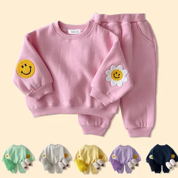 Комплекты детской одежды в корейском стиле, Спортивный костюм для малышей, весенне-осенняя хлопчатобумажная одежда, Детская толстовка, пуловеры для маленьких девочек, топы + Брючные костюмы