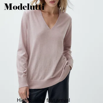 Весна 2023, Новый осенний модный вязаный свитер с V-образным вырезом, Женские Элегантные однотонные пуловеры, Простые повседневные топы, женские