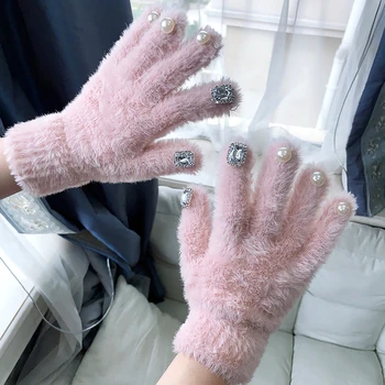 Новые теплые перчатки с имитацией кроличьего плюша, зимние перчатки со стразами и жемчугом, японские студенческие супер Мягкие перчатки, твердые