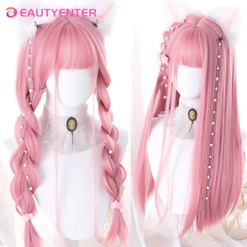 BEAUTYENTER Синтетические прямые волосы, 24-дюймовый парик для косплея с челкой, Длинный термостойкий розовый парик для женщин