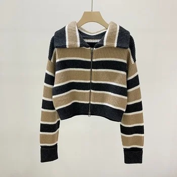 2023 Новый женский свитер-кардиган с застежкой-молнией в полоску с цветным блоком, Кашемировый вязаный кардиган