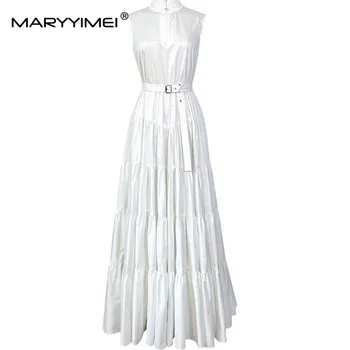 MARYYIMEI Белое / черное весенне-летнее модное платье из чистого хлопка Со стоячим воротником, без рукавов, на шнуровке, тонкие элегантные платья