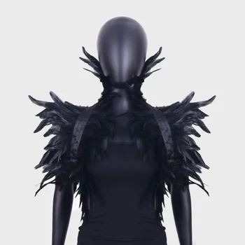 Женская шаль из натуральных перьев для косплея, черные накидки на плечи на Хэллоуин, сексуальные панк-готические шарфы с перьями, шаль-эполет