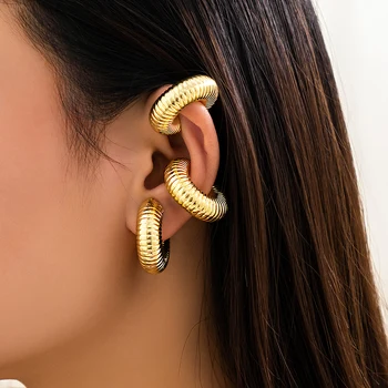 IngeSight.Z 1шт Панк золотого цвета Металлические полосатые O-образные серьги-клипсы для ушей для женщин Винтажные Геометрические Серьги-клипсы Модные ювелирные изделия