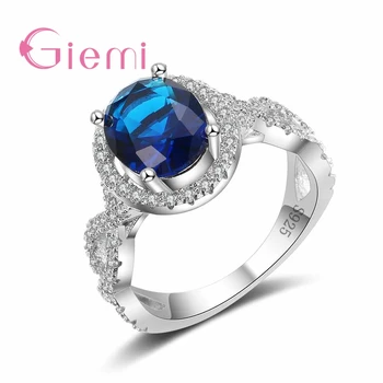Элегантное классическое синее кольцо с круглым хрустальным камнем из стерлингового серебра 925 пробы на годовщину свадьбы милой женщины
