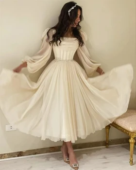 Шифоновое вечернее платье с длинным рукавом, Роскошный квадратный вырез, Элегантное коктейльное платье длиной до щиколоток, вечернее платье для официальных мероприятий в Арабском Дубае