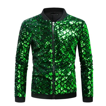 Зеленая блестящая клубная куртка DJ для мужчин Весна Осень Новая уличная одежда Мужские куртки и пальто с блестками Бейсбольная куртка-бомбер Мужская